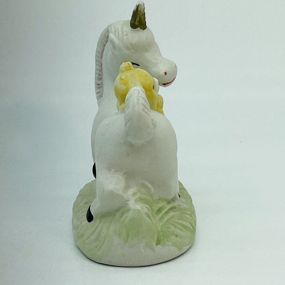Whimsical Vintage Porcelain Figurine Yellow Teddy Bear Riding White Unicorn - Picture 5 of 9